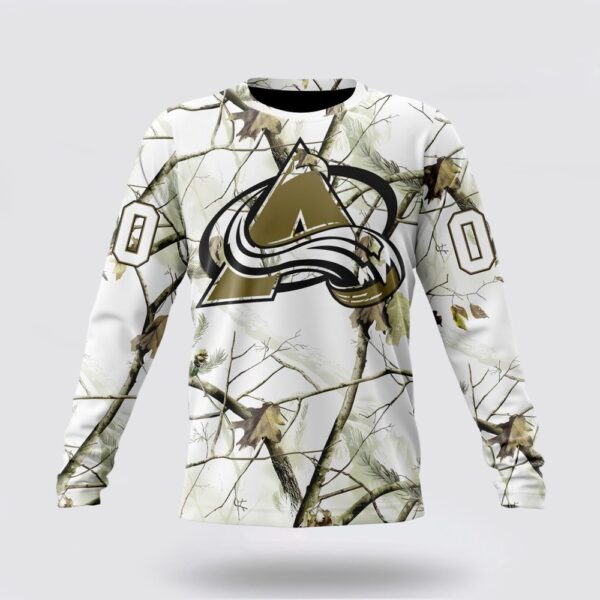 Personalized NHL Colorado Avalanche Crewneck Sweatshirt Special White Winter Hunting Camo Design Sweatshirt