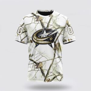 Personalized NHL Columbus Blue Jackets 3D T Shirt Special White Winter Hunting Camo Design T Shirt 1