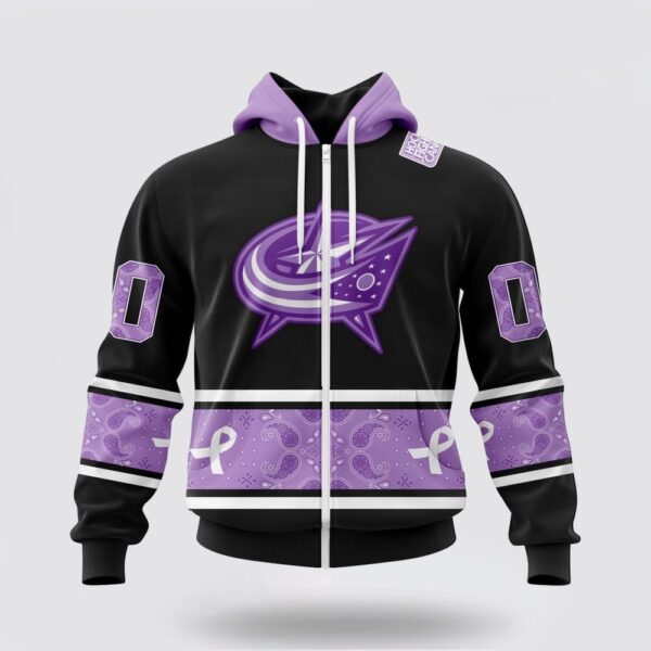 Personalized NHL Columbus Blue Jackets All Over Print Hoodie Special Black And Lavender Hockey Fight Cancer Design Hoodie