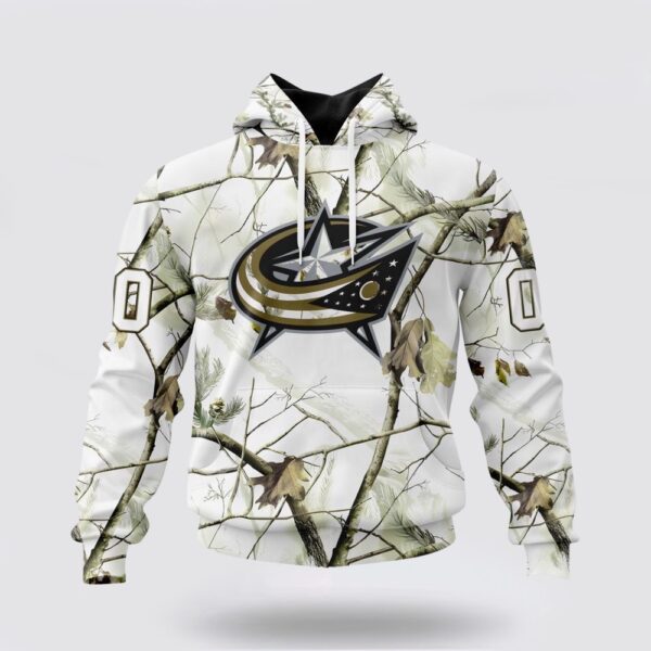 Personalized NHL Columbus Blue Jackets All Over Print Hoodie Special White Winter Hunting Camo Design Hoodie