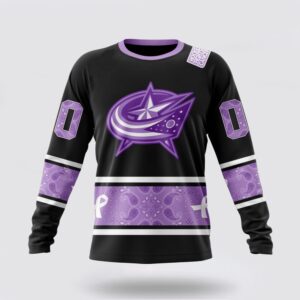 Personalized NHL Columbus Blue Jackets Crewneck Sweatshirt Special Black And Lavender Hockey Fight Cancer Design Sweatshirt 1