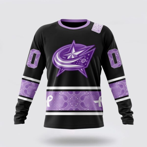 Personalized NHL Columbus Blue Jackets Crewneck Sweatshirt Special Black And Lavender Hockey Fight Cancer Design Sweatshirt