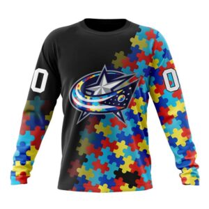 Personalized NHL Columbus Blue Jackets Crewneck Sweatshirt Special Black Autism Awareness Design 1