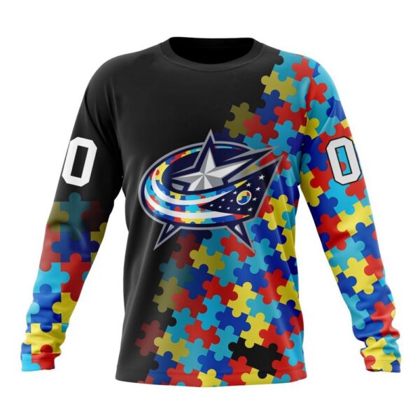 Personalized NHL Columbus Blue Jackets Crewneck Sweatshirt Special Black Autism Awareness Design