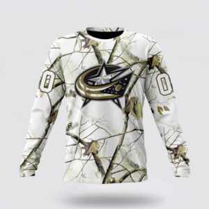 Personalized NHL Columbus Blue Jackets Crewneck Sweatshirt Special White Winter Hunting Camo Design Sweatshirt 1