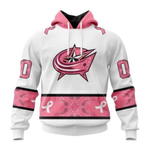 Personalized NHL Columbus Blue Jackets Hoodie In Classic Style With Paisley In October We Wear Pink Breast Cancer Hoodie 1