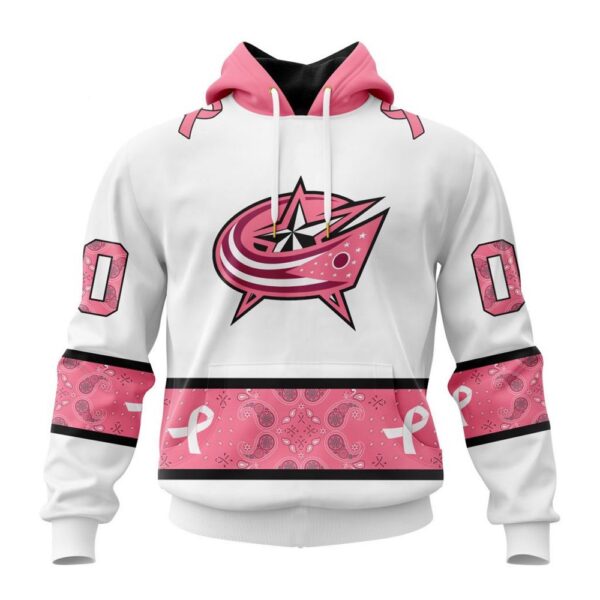 Personalized NHL Columbus Blue Jackets Hoodie In Classic Style With Paisley In October We Wear Pink Breast Cancer Hoodie