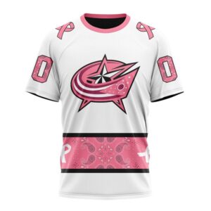 Personalized NHL Columbus Blue Jackets T Shirt In Classic Style With Paisley In October We Wear Pink Breast Cancer T Shirt 1