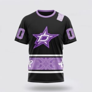 Personalized NHL Dallas Stars 3D T Shirt Special Black And Lavender Hockey Fight Cancer Design T Shirt 1