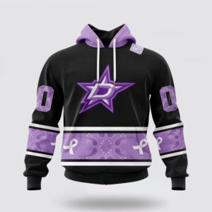 Personalized NHL Dallas Stars All Over Print Hoodie Special Black And Lavender Hockey Fight Cancer Design Hoodie 1