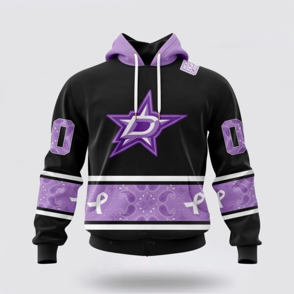 Personalized NHL Dallas Stars All Over Print Hoodie Special Black And Lavender Hockey Fight Cancer Design Hoodie