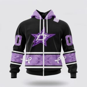 Personalized NHL Dallas Stars All Over Print Hoodie Special Black And Lavender Hockey Fight Cancer Design Hoodie 2