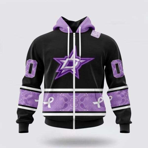 Personalized NHL Dallas Stars All Over Print Hoodie Special Black And Lavender Hockey Fight Cancer Design Hoodie