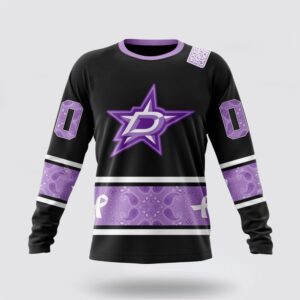 Personalized NHL Dallas Stars Crewneck Sweatshirt Special Black And Lavender Hockey Fight Cancer Design Sweatshirt 1