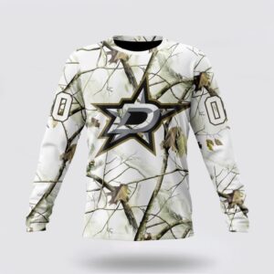 Personalized NHL Dallas Stars Crewneck Sweatshirt Special White Winter Hunting Camo Design Sweatshirt 1