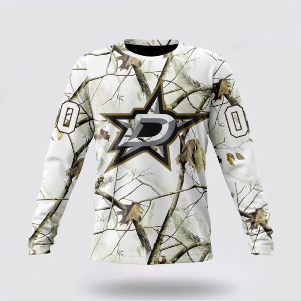 Personalized NHL Dallas Stars Crewneck Sweatshirt Special White Winter Hunting Camo Design Sweatshirt