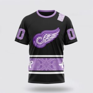 Personalized NHL Detroit Red Wings 3D T Shirt Special Black And Lavender Hockey Fight Cancer Design T Shirt 1