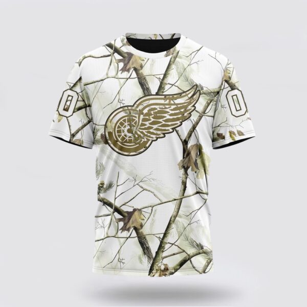 Personalized NHL Detroit Red Wings 3D T Shirt Special White Winter Hunting Camo Design T Shirt