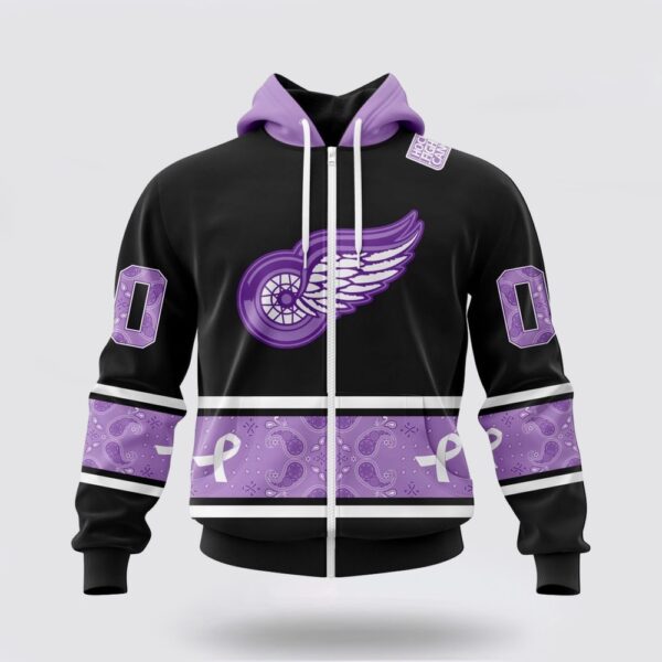 Personalized NHL Detroit Red Wings All Over Print Hoodie Special Black And Lavender Hockey Fight Cancer Design Hoodie