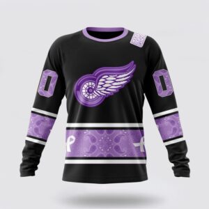 Personalized NHL Detroit Red Wings Crewneck Sweatshirt Special Black And Lavender Hockey Fight Cancer Design Sweatshirt 1