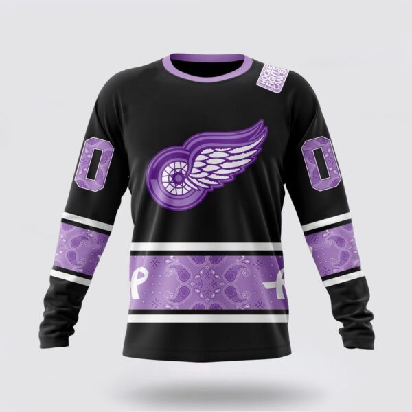 Personalized NHL Detroit Red Wings Crewneck Sweatshirt Special Black And Lavender Hockey Fight Cancer Design Sweatshirt