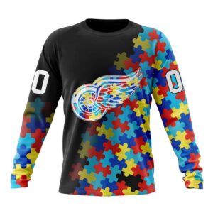 Personalized NHL Detroit Red Wings Crewneck Sweatshirt Special Black Autism Awareness Design 1