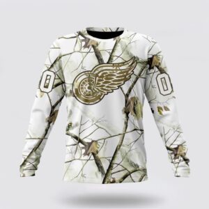 Personalized NHL Detroit Red Wings Crewneck Sweatshirt Special White Winter Hunting Camo Design Sweatshirt 1