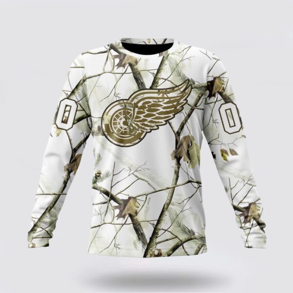 Personalized NHL Detroit Red Wings Crewneck Sweatshirt Special White Winter Hunting Camo Design Sweatshirt