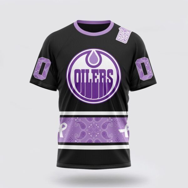 Personalized NHL Edmonton Oilers 3D T Shirt Special Black And Lavender Hockey Fight Cancer Design T Shirt