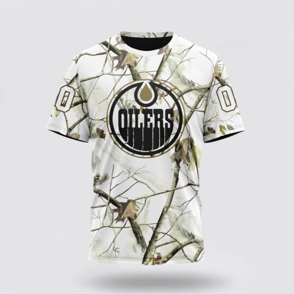 Personalized NHL Edmonton Oilers 3D T Shirt Special White Winter Hunting Camo Design T Shirt