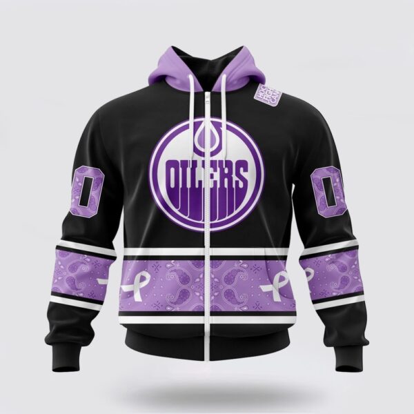 Personalized NHL Edmonton Oilers All Over Print Hoodie Special Black And Lavender Hockey Fight Cancer Design Hoodie
