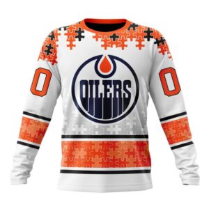 Personalized NHL Edmonton Oilers Crewneck Sweatshirt Special Autism Awareness Design With Home Jersey Style 1