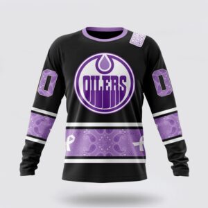 Personalized NHL Edmonton Oilers Crewneck Sweatshirt Special Black And Lavender Hockey Fight Cancer Design Sweatshirt 1