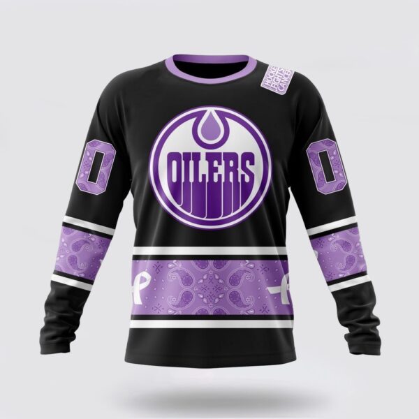 Personalized NHL Edmonton Oilers Crewneck Sweatshirt Special Black And Lavender Hockey Fight Cancer Design Sweatshirt