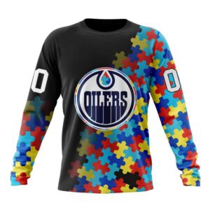 Personalized NHL Edmonton Oilers Crewneck Sweatshirt Special Black Autism Awareness Design 1