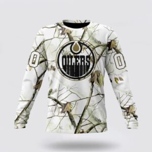 Personalized NHL Edmonton Oilers Crewneck Sweatshirt Special White Winter Hunting Camo Design Sweatshirt 1