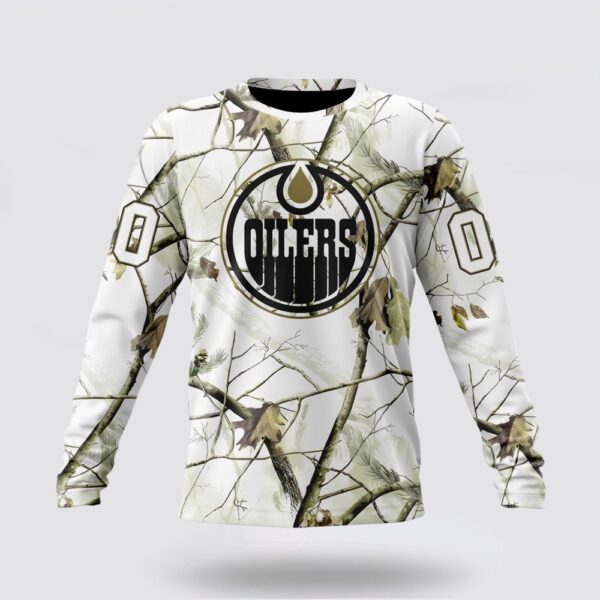 Personalized NHL Edmonton Oilers Crewneck Sweatshirt Special White Winter Hunting Camo Design Sweatshirt