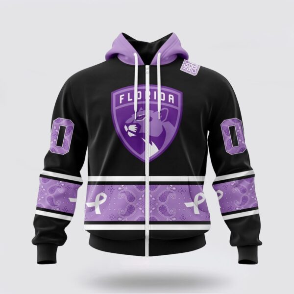 Personalized NHL Florida Panthers All Over Print Hoodie Special Black And Lavender Hockey Fight Cancer Design Hoodie