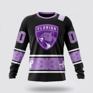 Personalized NHL Florida Panthers Crewneck Sweatshirt Special Black And Lavender Hockey Fight Cancer Design Sweatshirt 1