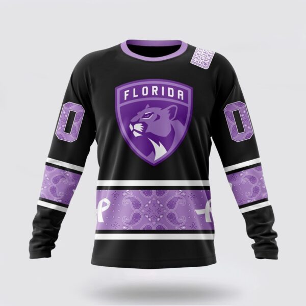 Personalized NHL Florida Panthers Crewneck Sweatshirt Special Black And Lavender Hockey Fight Cancer Design Sweatshirt