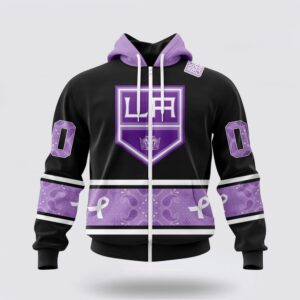 Personalized NHL Los Angeles Kings All Over Print Hoodie Special Black And Lavender Hockey Fight Cancer Design Hoodie 2