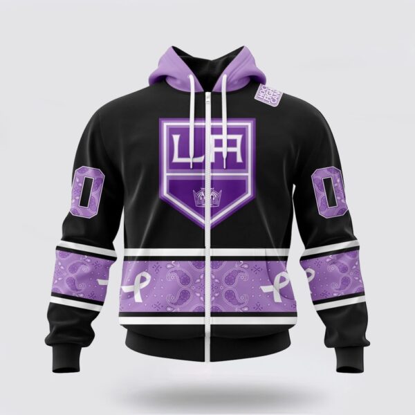 Personalized NHL Los Angeles Kings All Over Print Hoodie Special Black And Lavender Hockey Fight Cancer Design Hoodie