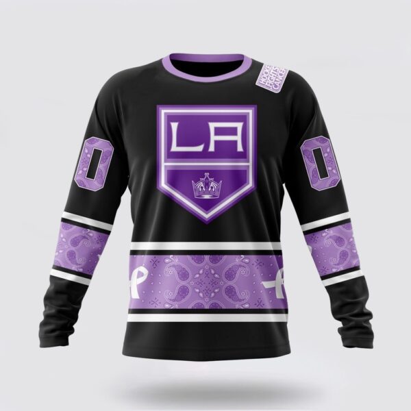 Personalized NHL Los Angeles Kings Crewneck Sweatshirt Special Black And Lavender Hockey Fight Cancer Design Sweatshirt