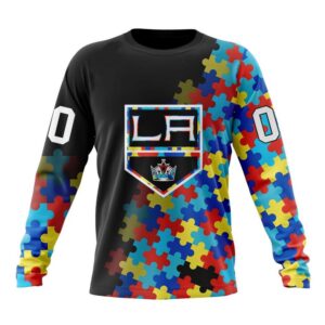 Personalized NHL Los Angeles Kings Crewneck Sweatshirt Special Black Autism Awareness Design 1