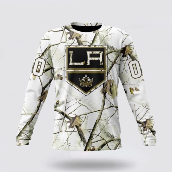 Personalized NHL Los Angeles Kings Crewneck Sweatshirt Special White Winter Hunting Camo Design Sweatshirt