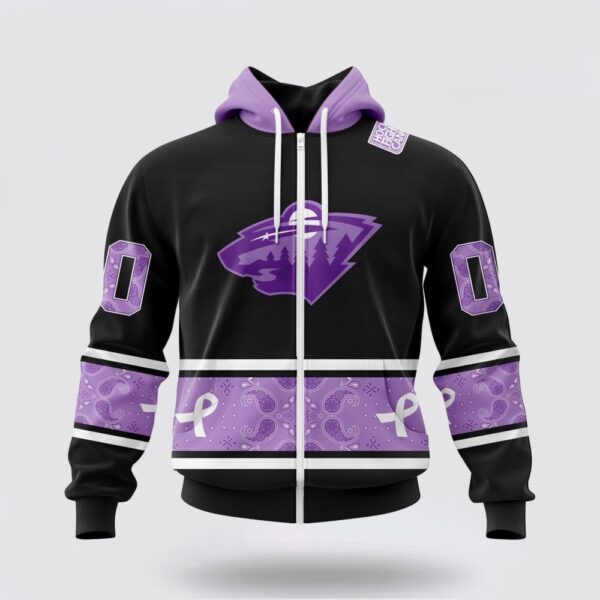Personalized NHL Minnesota Wild All Over Print Hoodie Special Black And Lavender Hockey Fight Cancer Design Hoodie