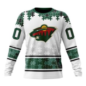 Personalized NHL Minnesota Wild Crewneck Sweatshirt Special Autism Awareness Design With Home Jersey Style 1