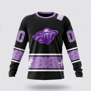 Personalized NHL Minnesota Wild Crewneck Sweatshirt Special Black And Lavender Hockey Fight Cancer Design Sweatshirt 1