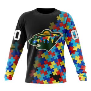 Personalized NHL Minnesota Wild Crewneck Sweatshirt Special Black Autism Awareness Design 1