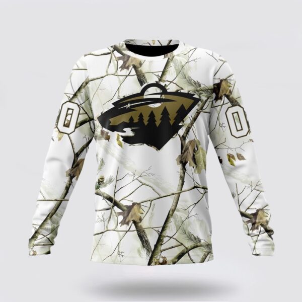Personalized NHL Minnesota Wild Crewneck Sweatshirt Special White Winter Hunting Camo Design Sweatshirt